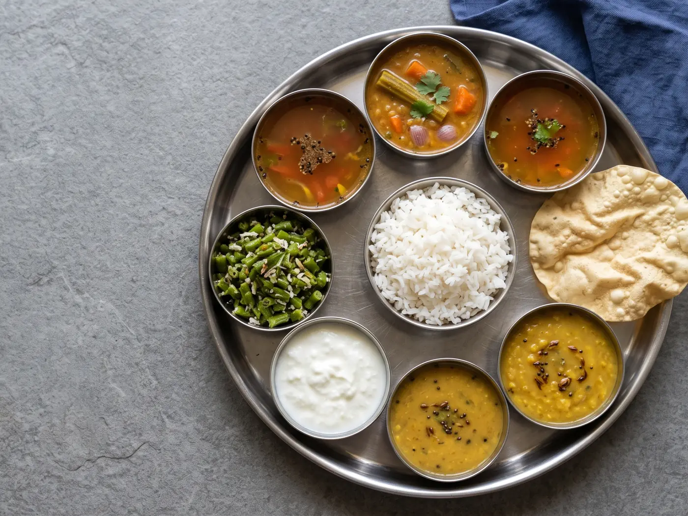 A South Indian lunch on a steel thali, seen from above: rice in the middle, with sambar, rasam, beans poriyal, curd, dal and a papad around it.