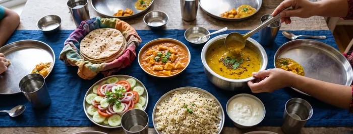 A family dinner table from above: rotis in a cloth, paneer curry, jeera rice, salad and curd, with dal being served from a steel pot.