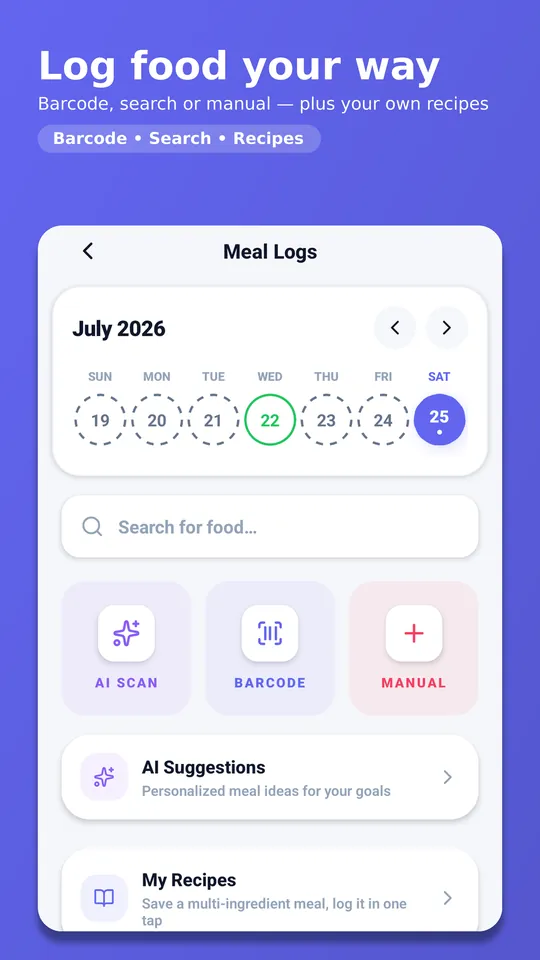 The Meal Logs screen, showing the ways to log a meal: AI photo scan, barcode, search, manual entry and recipes.