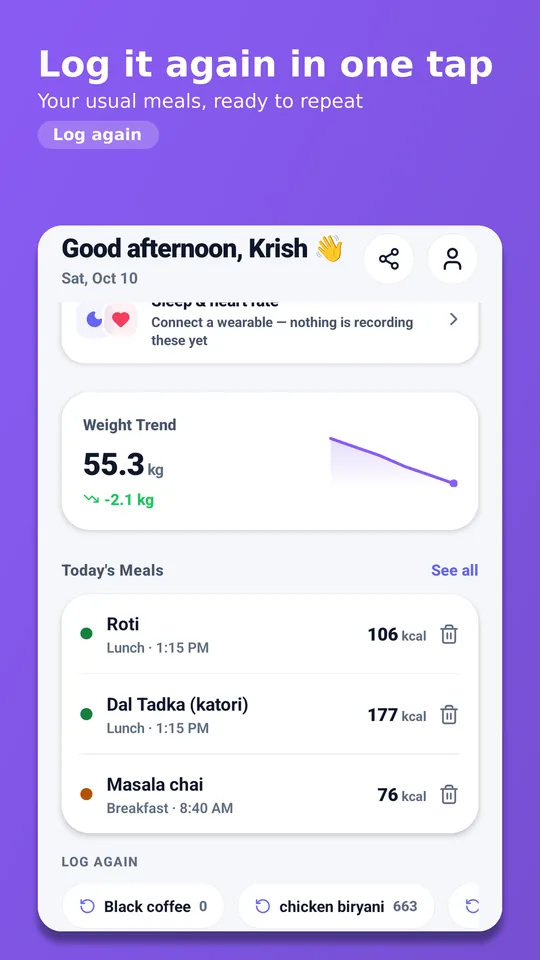 Play listing frame “Log it again in one tap”: today’s meals and the Log again row with usual foods.