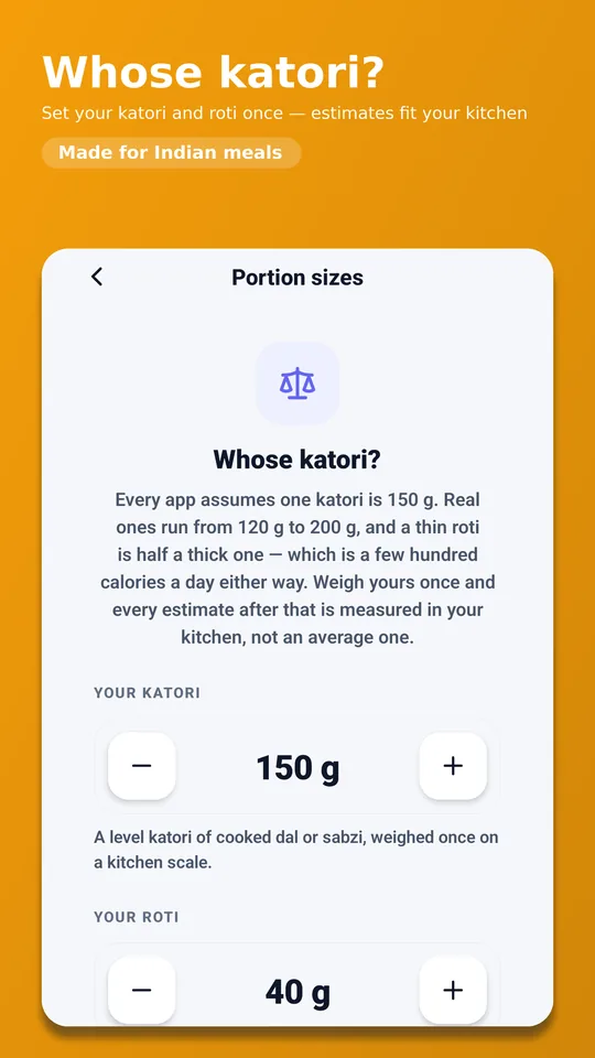 Play listing frame “Whose katori?”: portion calibration for your own katori and roti sizes.